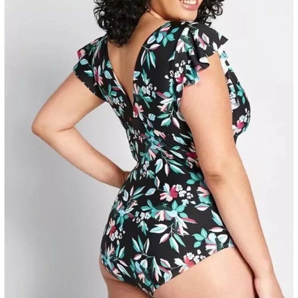 NEW MODCLOTH The Kelsie One Piece Swimsuit Floral Bathing Suit Black Teal 2X - Picture 3 of 11